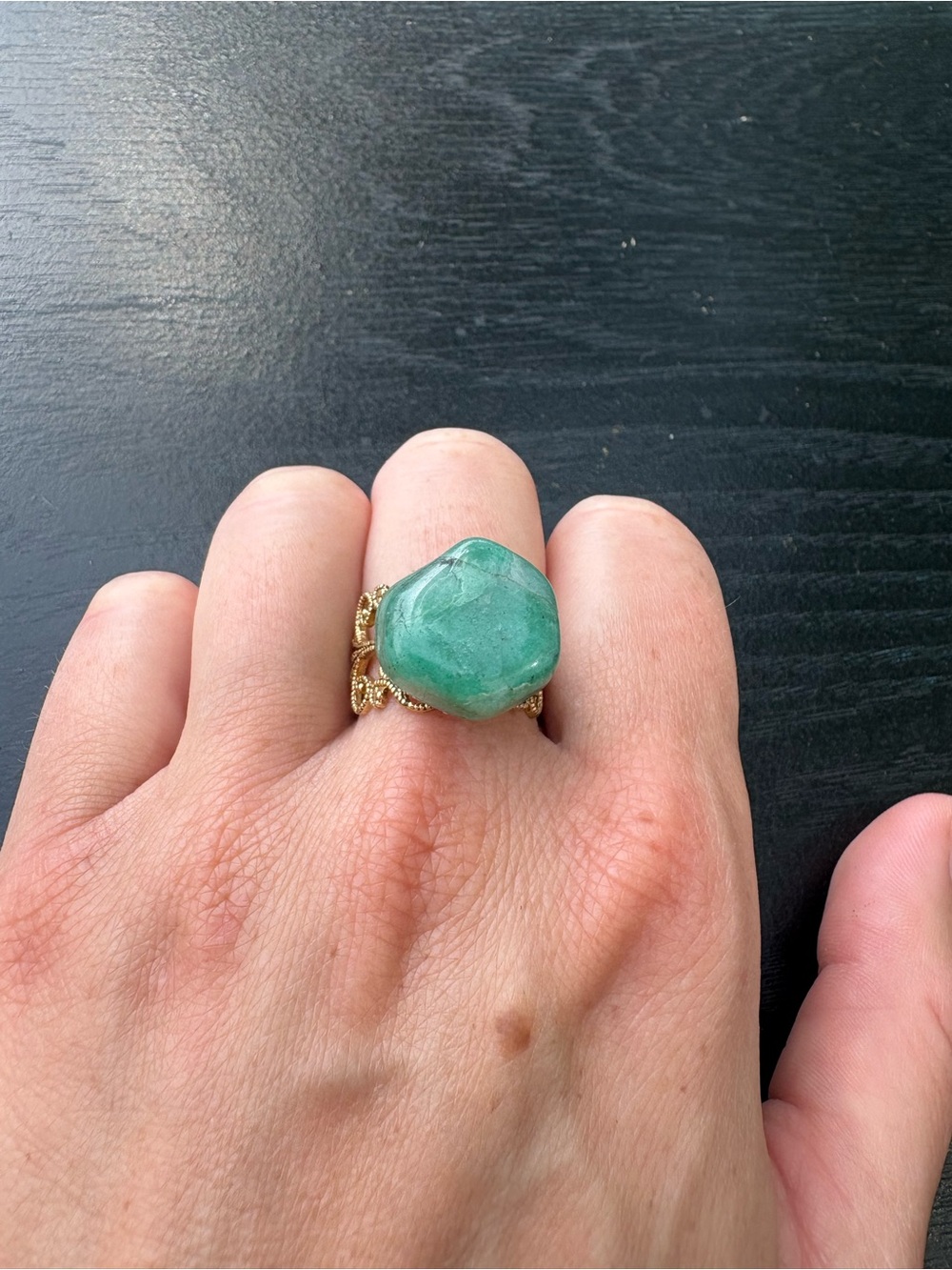 Adjustable Gold-Tone Filigree Ring with Green Gemstone - Picture 4 of 11
